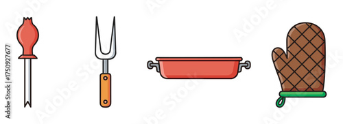 Set of four kitchen tools including a red meat thermometer, a two-pronged fork with a wooden handle, a red roasting pan, and a brown quilted oven mitt.