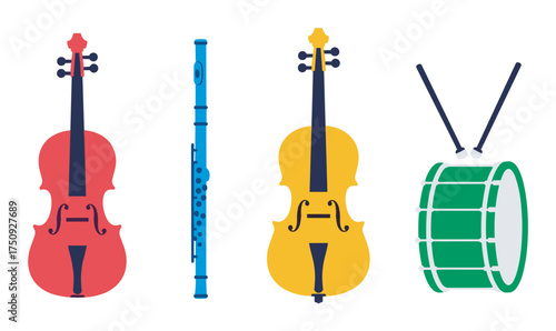 Colorful flat design illustrations of a violin, flute, cello, and drum representing various musical instruments.