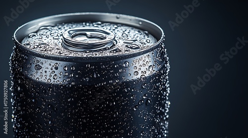 Close up of a cold refreshing beverage can covered in water droplets
