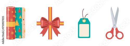 Festive gift wrapping essentials including rolls of holiday-themed paper, a decorative bow, a blank tag, and a pair of scissors for crafting.