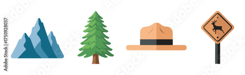 Four colored icon illustrations featuring a mountain range, evergreen tree, ranger hat, and deer crossing sign.