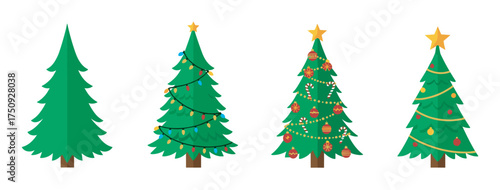 Four stylized christmas trees with varying decorations, including lights, ornaments, and stars, displayed in a row.
