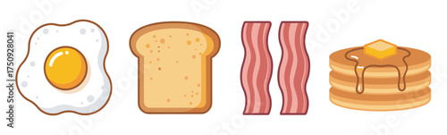 Colorful cartoon-style illustration of a fried egg, toast, bacon strips, and pancake stack with butter and syrup.