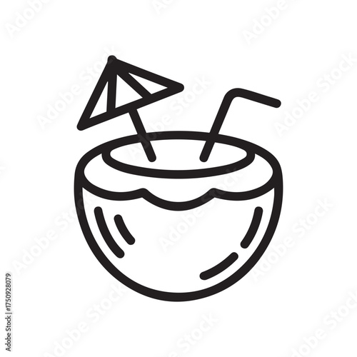 A simple black and white line art illustration of a tropical coconut drink with a straw and a small umbrella, minimalistic style, vector icon, isolated on a white background.