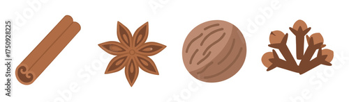 Illustrated icons of cinnamon stick, star anise, nutmeg, and cloves depicting various aromatic spices.
