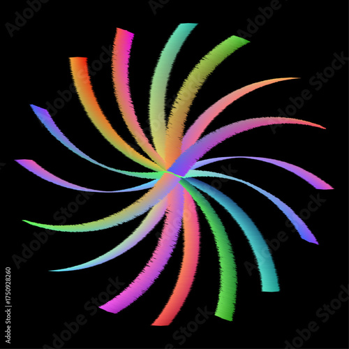 Vibrant rainbow-colored abstract spiral vortex design with textured radiating arms, creating a dynamic sense of motion on a solid black background