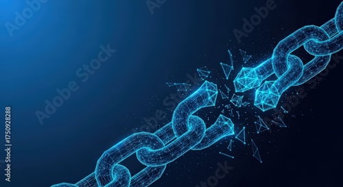 A glowing digital chain link shattering apart