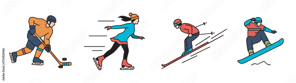 Obraz premium Colorful vector illustration of four winter sports athletes: a male ice hockey player, a female ice skater, a male skier, and a male snowboarder in motion.