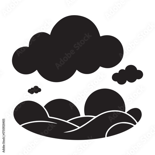 Black silhouette of stylized clouds and rolling hills, isolated on white background