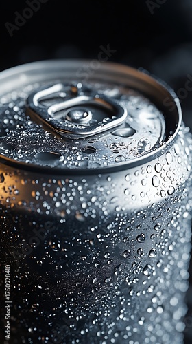 Close up of a cold aluminum can covered in water droplets