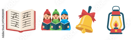 Colorful illustration of an open book with sheet music, three carol singers dressed in winter attire, a gold bell with a red bow, and a classic lantern with a burning flame.