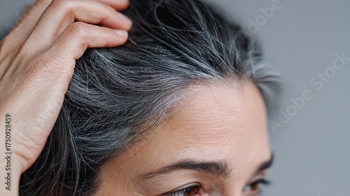 Woman showing gray hair and roots while touching her head with her hand