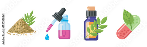 Collection of natural wellness items including a heap of dried herbs, a dropper bottle, and a supplement capsule with leaves.