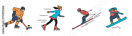 Colorful vector illustration of four winter sports athletes: a male ice hockey player, a female ice skater, a male skier, and a male snowboarder in motion.