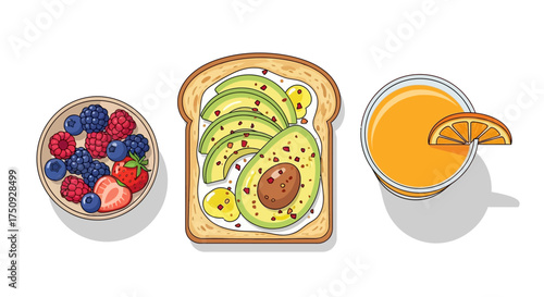 Delicious brunch featuring avocado toast with berries and fresh orange juice, a vibrant and healthy way to start the day