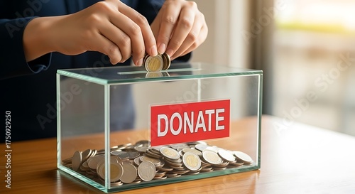 Donating to a Cause - Coins in a Donation Box.