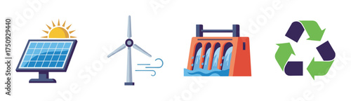 Four icons depicting solar energy, wind power, hydroelectric energy, and recycling, representing various forms of renewable and sustainable resources.