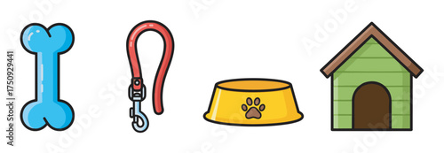 Colorful vector illustrations of a blue bone, red leash, yellow bowl with paw print, and a green doghouse, representing pet supplies.