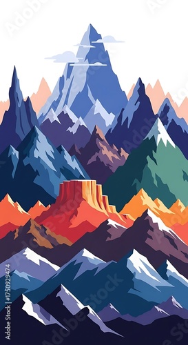 Colorful Mountain Range Illustration with Geometric Shapes and Vibrant Hues.