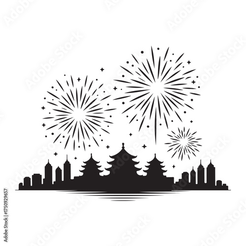 Fireworks display over a city skyline with traditional asian architecture, isolated on white background