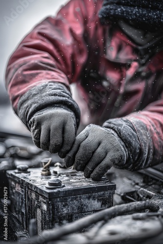Mechanic's gloved hand checking a car battery in cold winter weather