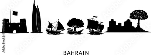 Hand drawn symbols and landmarks of bahrain featuring iconic structures and local culture
