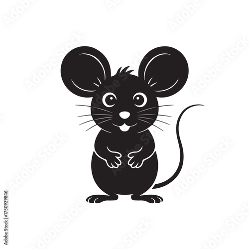 Cute black silhouette cartoon mouse with big ears and a long tail isolated on white background