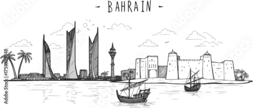 Hand drawn symbols and landmarks of bahrain featuring iconic structures and local culture
