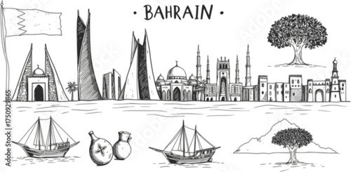 Hand drawn symbols and landmarks of bahrain featuring iconic structures and local culture
