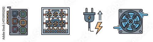 Colorful icons representing a circuit board, a network server with multiple disks, an electrical plug with a lightning symbol, and a cooling fan.