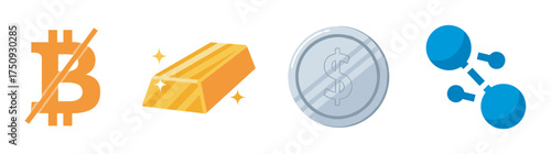 Illustrations of a crossed-out bitcoin symbol, a gold bar with sparkles, a crossed-out silver coin with a dollar sign, and a blue molecule structure.