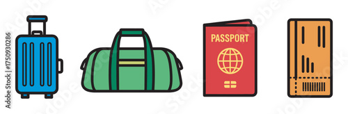 Colorful icons of travel essentials featuring a blue suitcase, a green duffel bag, a red passport, and an orange boarding pass.