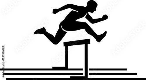 Minimal Black and White Icon of Athlete Jumping Over Hurdle in Track Event
