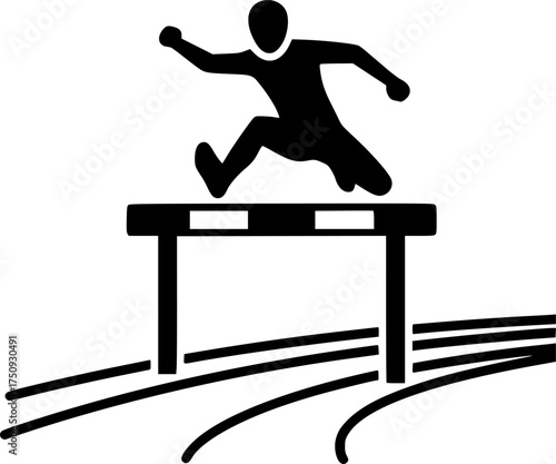 Minimal Black and White Icon of Athlete Jumping Over Hurdle in Track Event
