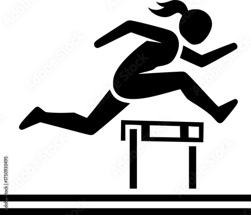 Minimal Black and White Icon of Athlete Jumping Over Hurdle in Track Event
