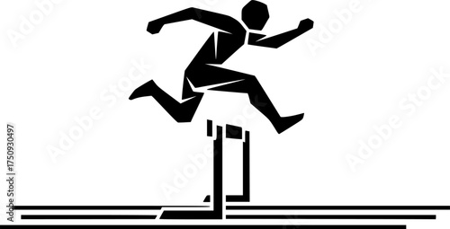 Minimal Black and White Icon of Athlete Jumping Over Hurdle in Track Event
