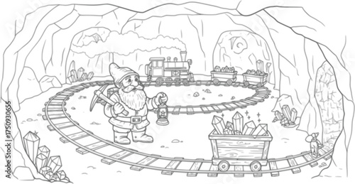 Dwarf crystal mine adventure with railway and mining cart illustration for coloring book design
