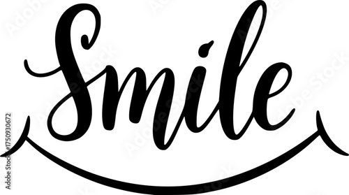 Handwritten calligraphy of the word smile in elegant black lettering on a white background
