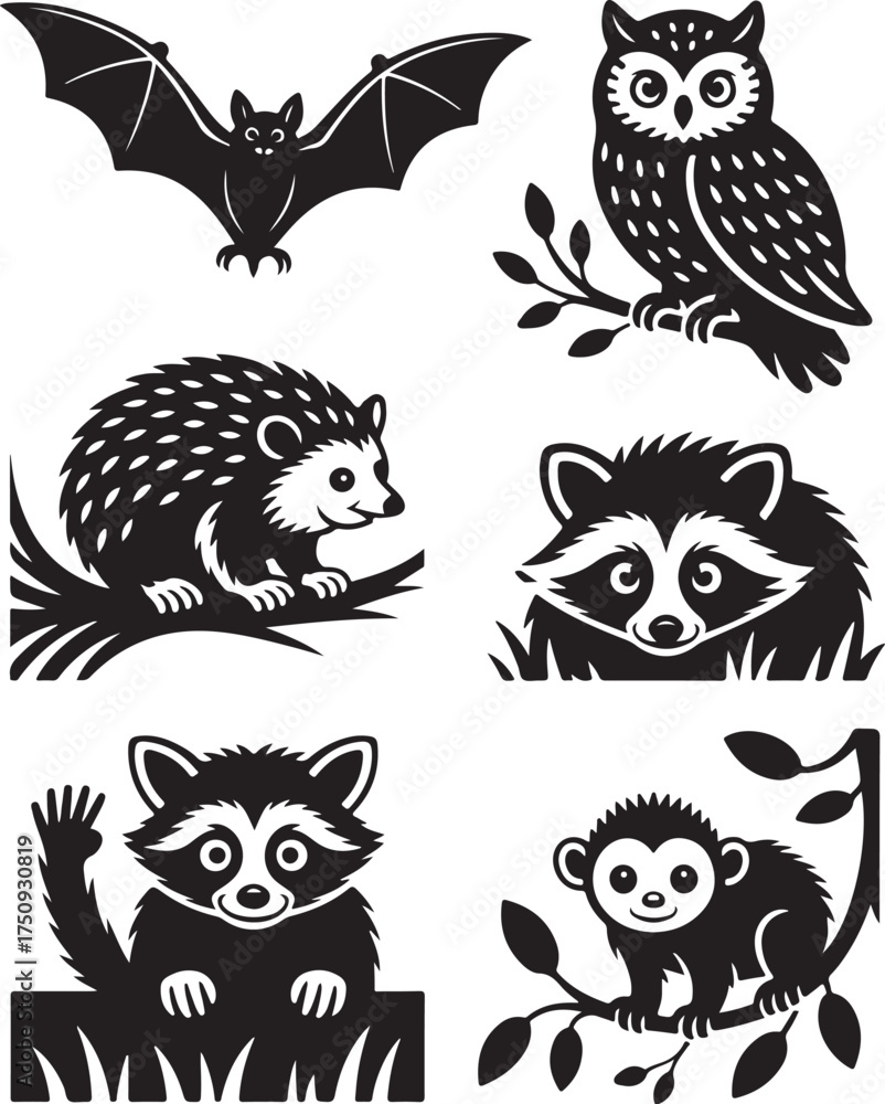 Fototapeta premium Cute woodland creatures collection, bat, owl, raccoon, monkey