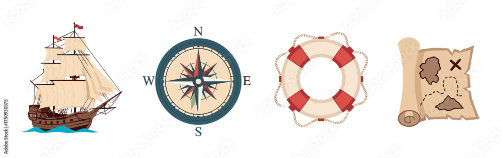 Fototapeta premium Nautical elements featuring a wooden sailing ship, a compass with cardinal points, a red and white lifebuoy, and a treasure map with an x mark.