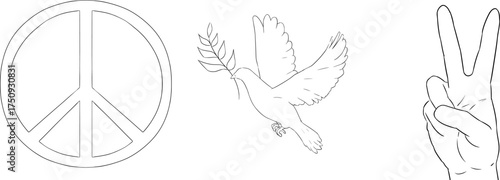 Peace symbols with peace dove bird and two fingers sign 