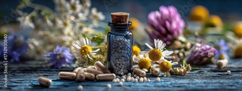 Macro close-up of homeopathic granules in an amber bottle and capsules, set against a backdrop of medicinal herbs and flowers