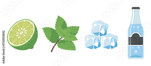 Illustration of a lime slice, mint leaves, ice cubes, and a bottle of sparkling water, suggesting a refreshing drink preparation.