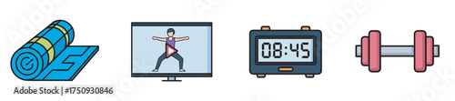 Colorful icons of a yoga mat, a video workout on a screen, a digital timer, and a pink dumbbell, representing fitness and exercise equipment.