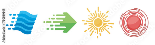 Four stylized icons representing elements with a flowing blue wave, a swift green arrow, a radiant yellow sun, and a vibrant red spiral.