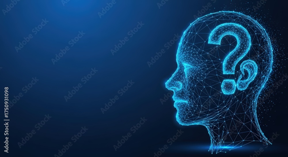 Obraz premium Digital wireframe head with a glowing question mark inside