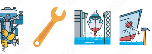 A series of colorful icons depicting a boat engine, a wrench, a ship being repaired in a dock, and a hammer fixing a hole in a ship's hull.