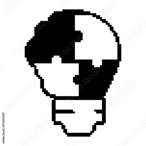 Pixelated black and white lightbulb made of puzzle pieces, symbolizing ideas and problem-solving