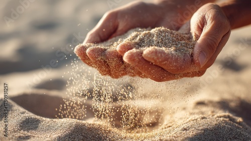Close-up of hands gently sifting sand on a beach in the sunlight