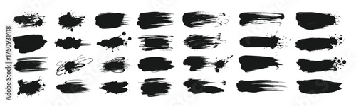 Collection of black ink brush strokes isolated on white background